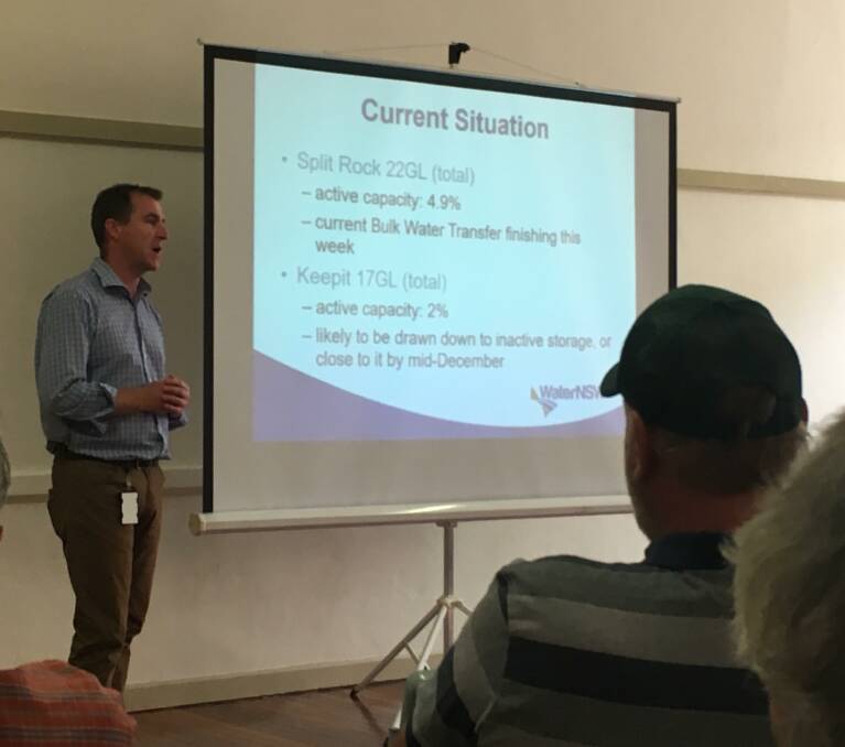 WaterNSW system operation executive manager Adrian Langdon recaps the current situation in the Namoi Valley for the people at the Manilla meeting today.