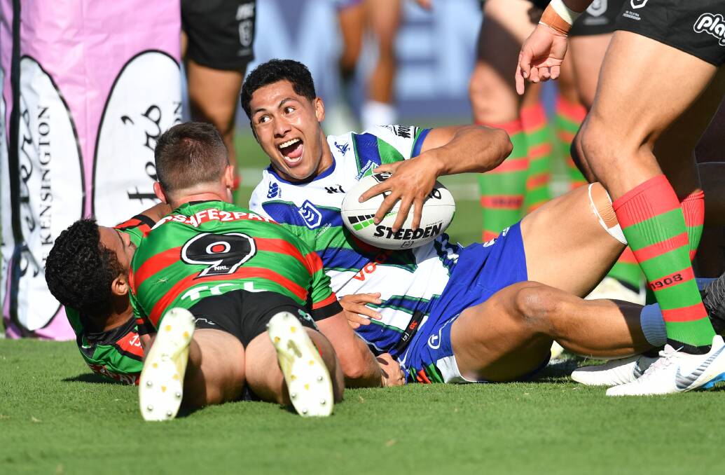 The Warriors' Roger Tuivasa-Sheck celebrates scoring a try against the South Sydney Rabbitohs in round 5 at Sunshine Coast Stadium last weekend. Photo: Darren England/AAP