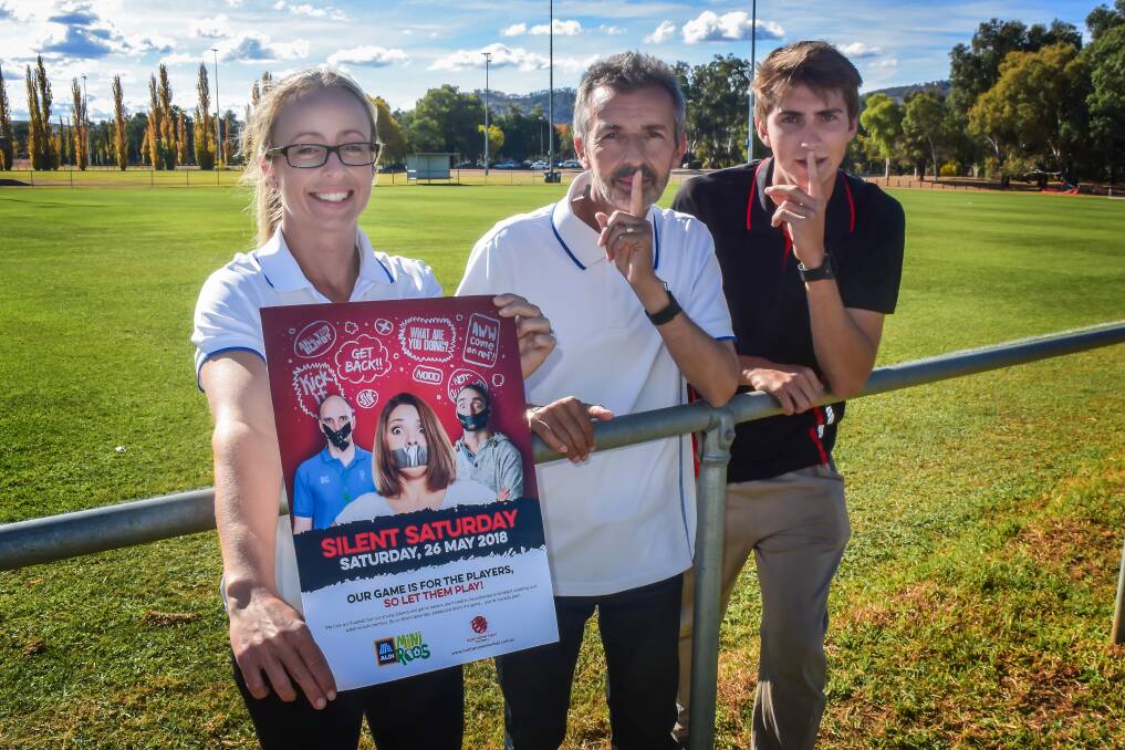 Quiet support: Julia Farina, Howard Stubbs and Lachlan Smith hope for good behaviour and positive support at the games this weekend. Photo: Carolyn Millet 250518CMA01