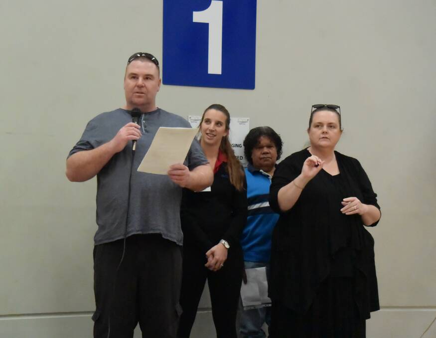 Ben Plevey, BEST Employment's Kate Brown, Lyle Kennedy, who gave the Welcome to Country, and Auslan interpreter Michelle Towns. 190919CMA05