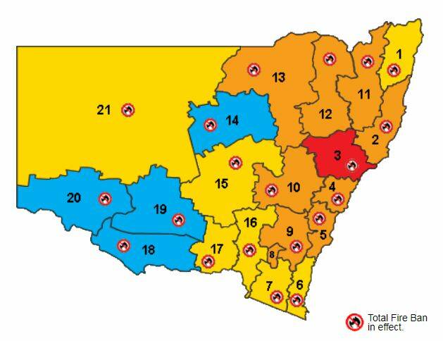 The fire warnings for tomorrow, as shown on the NSW RFS site.
