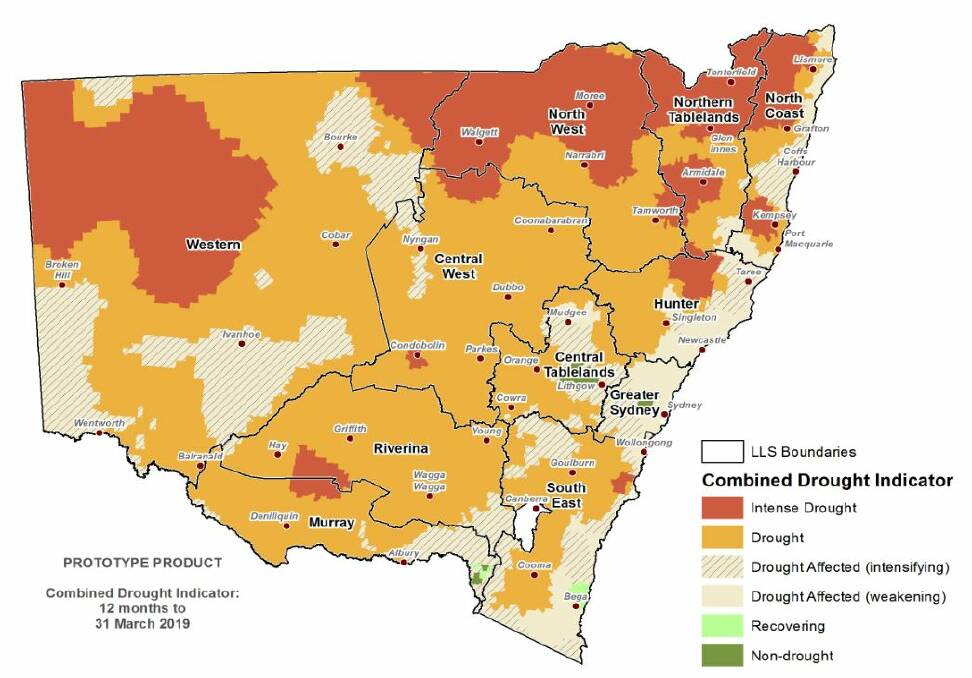 LINGERING: The Department of Primary Industries map with the state's conditions at the end of March, showing most of NSW is still in drought or intense drought.