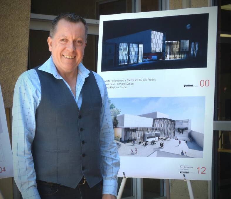 VISUALS: Tamworth Regional Council entertainment venues manager Peter Ross with the concept design of the future centre. Photo: Carolyn Millet 181019CMA02