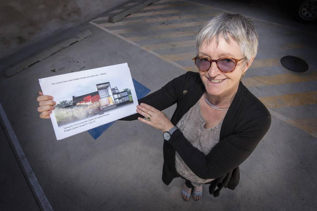 Mud-map time: Virginia Ross with an artist's impression of how a performing arts centre in Tamworth might look. Photo: Peter Hardin 100419PHB007