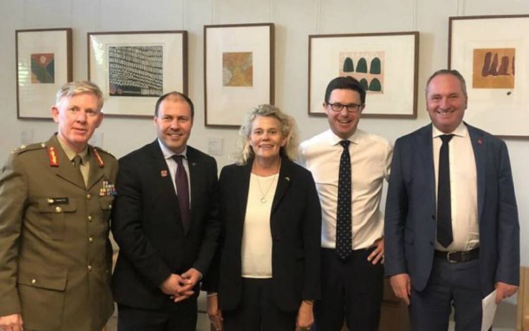 TASKFORCE: Co-ordinator-general for drought, Major General Stephen Day, National Farmers' Federation vice-president David Jochinke and president Fiona Simson, federal agriculture minister David Littleproud and federal government drought envoy Barnaby Joyce.