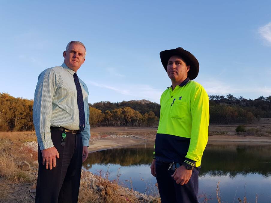 Upper Hunter Shire Council general manager Steve McDonald and Murrurundi town water supervisor James Davis at Murrurundi Dam.