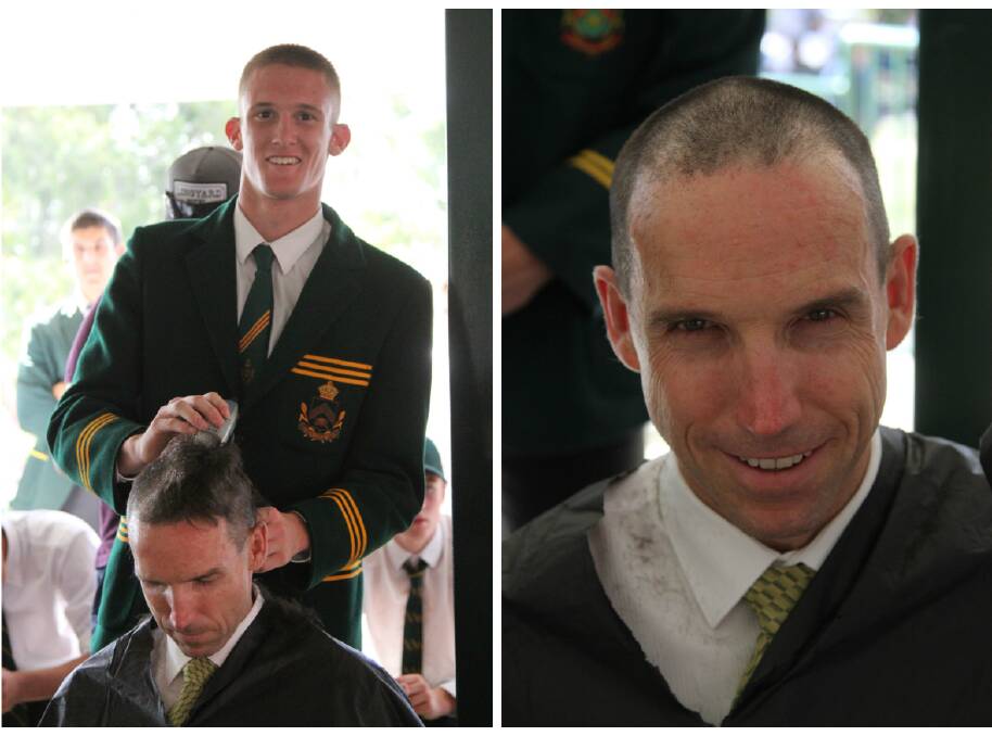 HAIR- and Money-raising venture: School vice-captain (day) Cooper Harris takes the clippers to his principal Clint Gallagher, who lost his hair but not his smile.