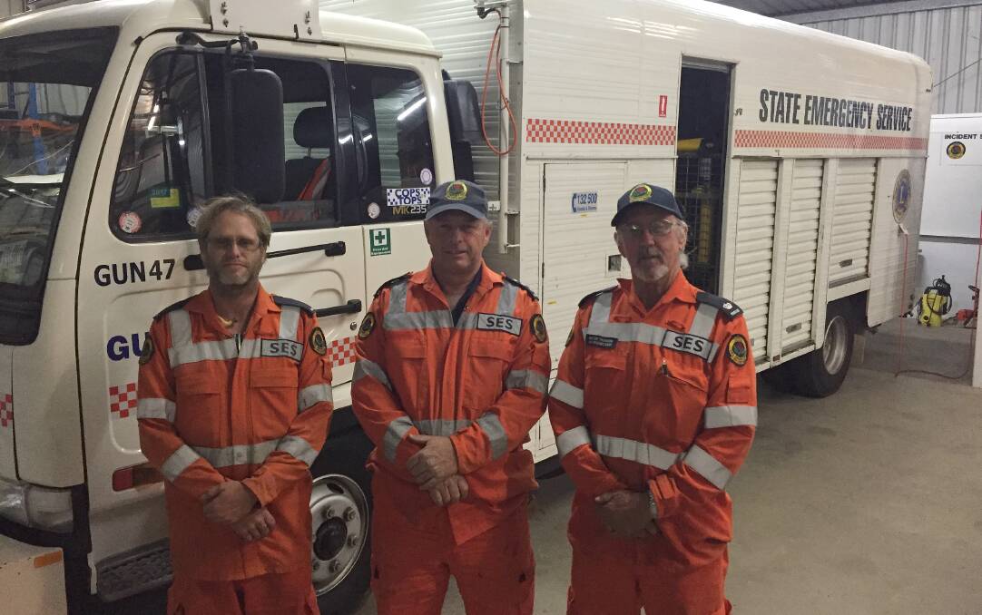 Valued effort: Gunnedah SES volunteers Bren Mirow, Phill Miegel and Peter Thomson pictured soon after arriving home from the task with NSW Police searching for a missing man in Pilliga Forest
