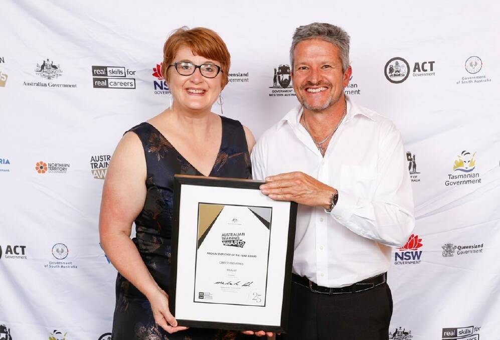 RECOGNITION AND EXCITEMENT: NSW Medium Employer of the Year, Obieco Industries,Fiona Sweeney and. Anthony Steel.