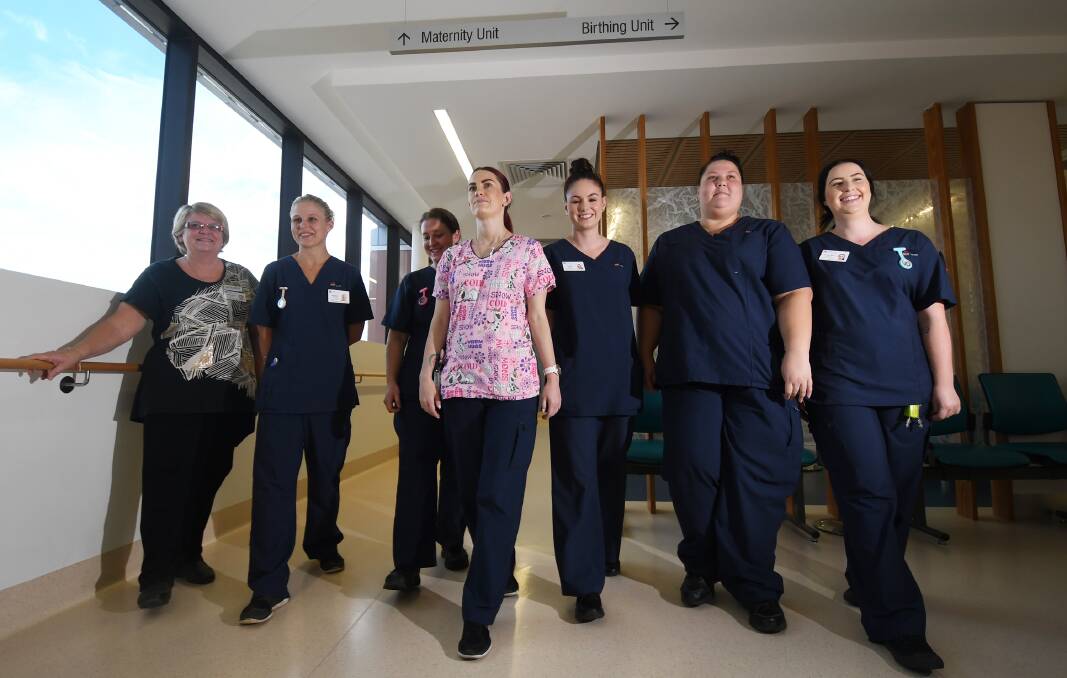 Baby beat: Margaret Sullivan welcomes new midwives Harriet McCalman, Sophie Arnold, Ashleigh Foy, Tiarne Sykes, April Collins and Courtney Haydon to the Tamworth unit. Photo: Gareth Gardner