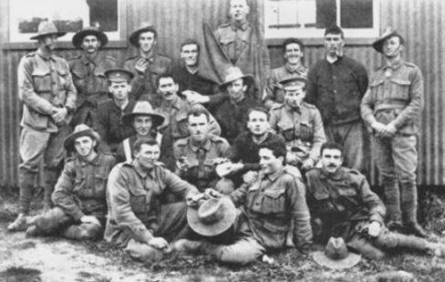 Trench mateship: William Allan Irwin (2nd from left second row) with some of his fellow Diggers of the 33rd Battalion on the Western Front in 1917. Photo: Courtesy AWM
