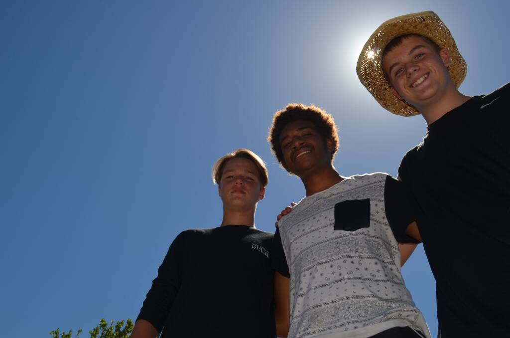 Cool plans: Festival campers Jay Lang, Siti Moceivei and Ethan Medina plan on a Peel plunge to beat the heat as temperatures soar.