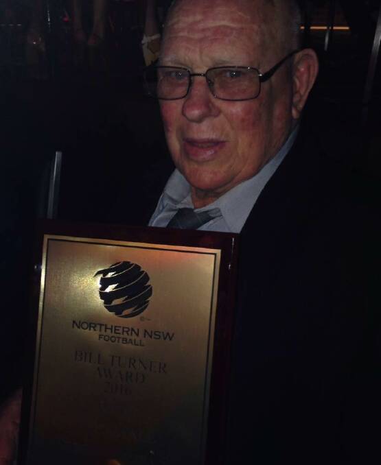 Deserved: Hillvue Rovers founder and long-time Tamworth football advocate Alf Small with his prestigious Bill Turner Award at the NNSWF gala night.