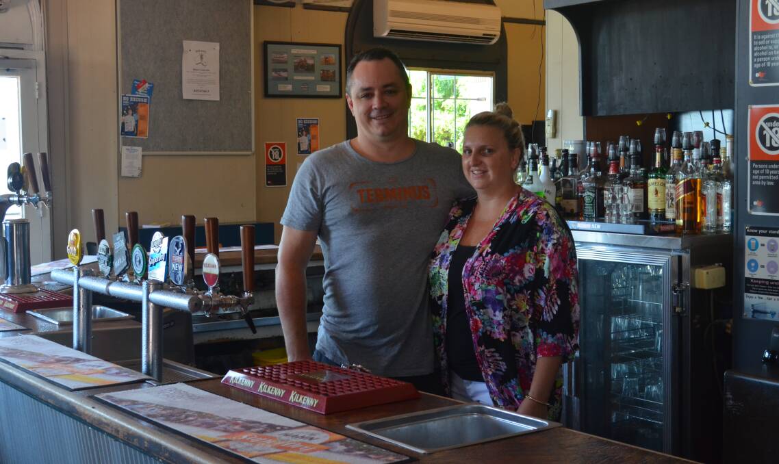 Tree-change: Terminus Hotel publicans Nathan and Leslie Jameson left their high flying city lives to move to Quirindi two years ago with their kids and have never looked back since. Photo: Chris Bath