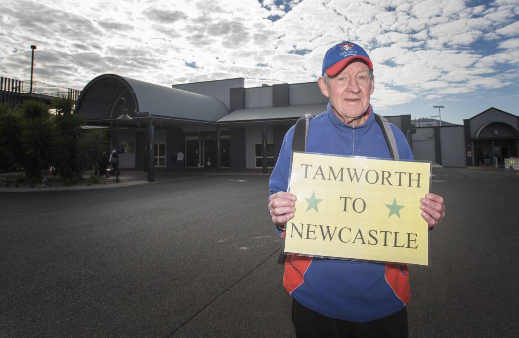 Walk right in: Mike Cashman walked 296 km to the middle of McDonald Jones Stadium to toss the coin for the Newcastle Knights final home game. Photo: Peter Hardin