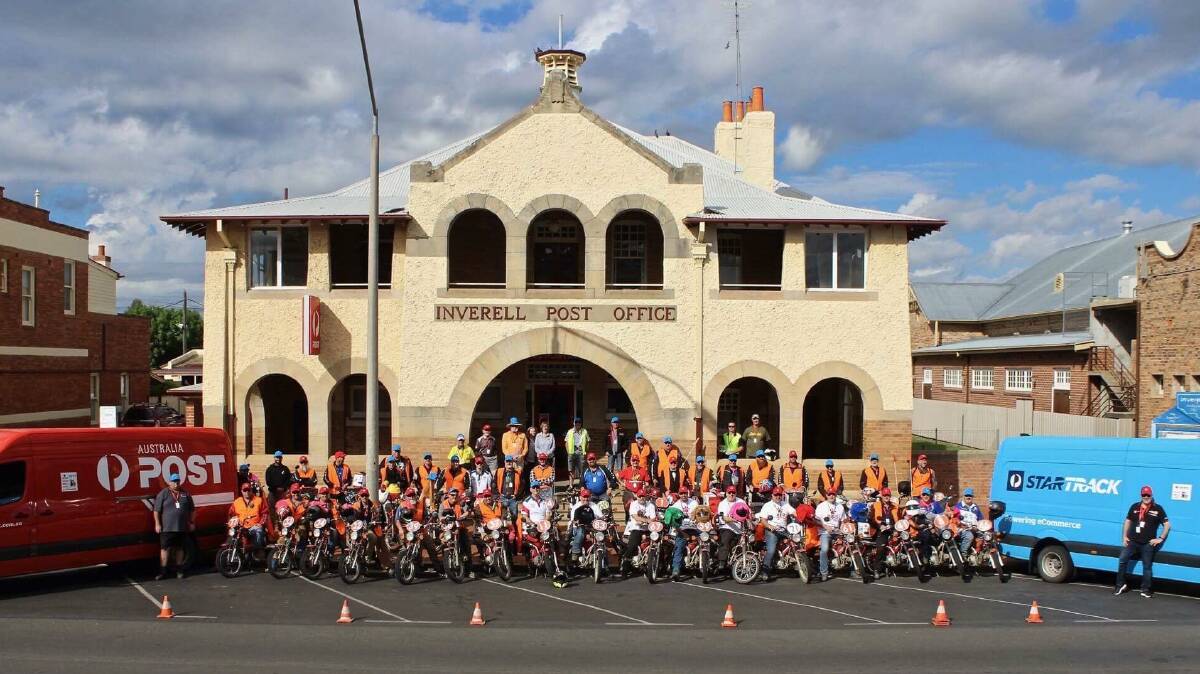 The full crew outside the Inverell Post Office on the fourth annual Variety Postie Bike Dash. Photo: Chelsea Russell