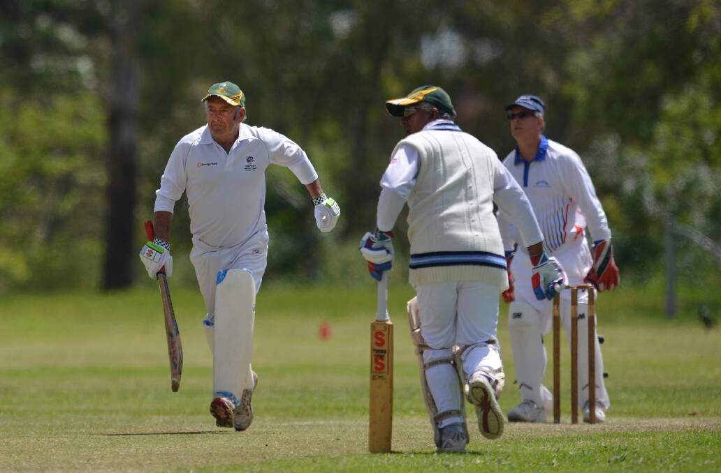 Quick single: Central Coast veteran Len Hardy takes off for a run against Port Jackson during the Veterans State Championships. Photo: Gareth Gardner 181016GGC06