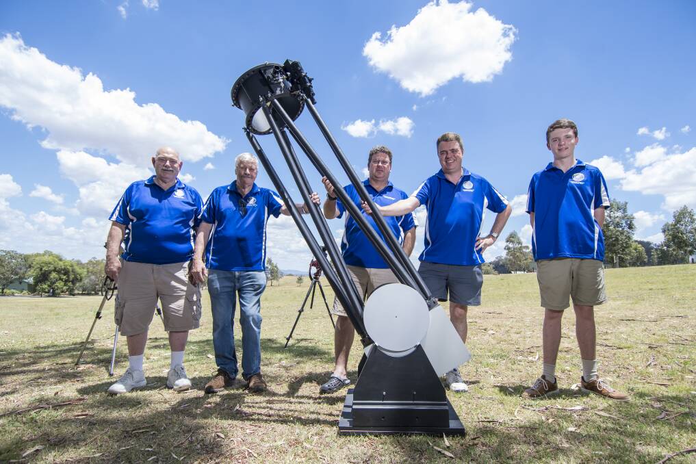 Aiming high: Tamworth Astronomy Club members Geoff Tall, Garry Copper, Craige Watson, Leigh Tschirpig and Felix Peake on the site of the proposed observatory and science centre near Botanical Gardens. Photo: Peter Hardin