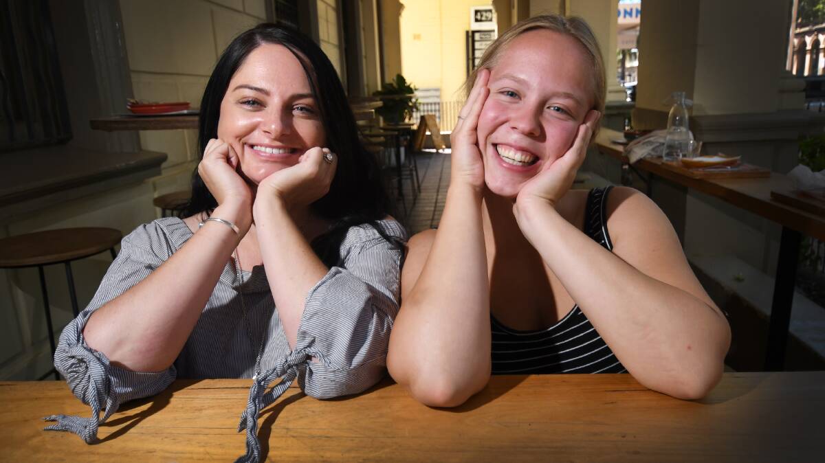 Happy shoppers: Lauren Ham and Johanna Hejil love Tamworth for the shopping and eateries, although the town has scored below average on a country wide Happiness Index. Photo: Gareth Gardner