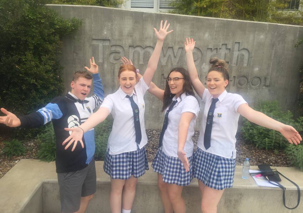 Done and dusted: Tamworth High students Josh McCulloch, Sophie McLeod, Khiaecia Andrews, and Georgia White celebrate finishing the first exam. 