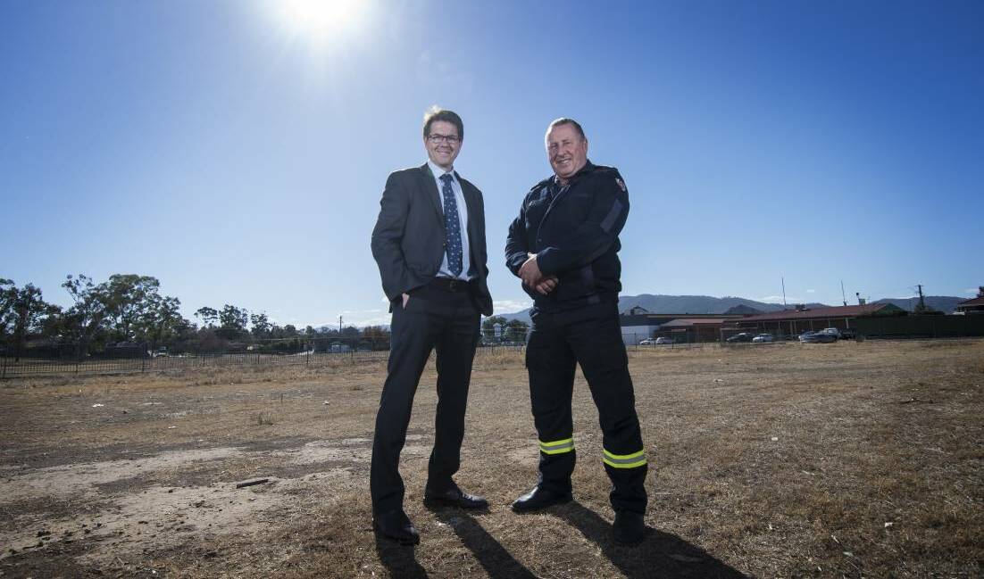Next 50: Kevin Anderson and Zone Commander Tom Cooper stand on the Ringers Road parcel of land that will soon be the home of a new $5 million fire station.