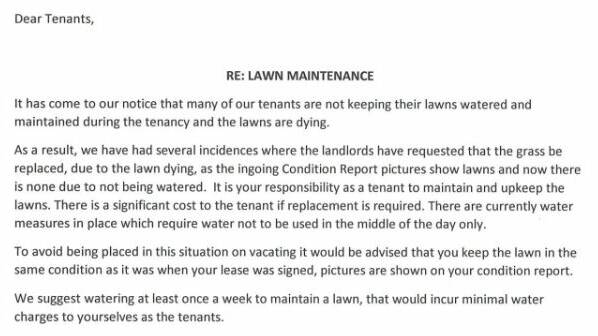 Frustration: A letter from a local real estate agency telling tenants that it is there responsibility to keep lawns in their original state, even through a winter drought.
