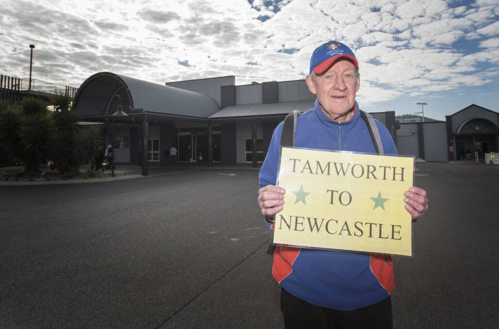 Walk this way: Tamworth's Mike Cashman is walking to Newcastle to watch the Knights final home game, and raise funds for the Men of League. Photo: Peter Hardin 070819