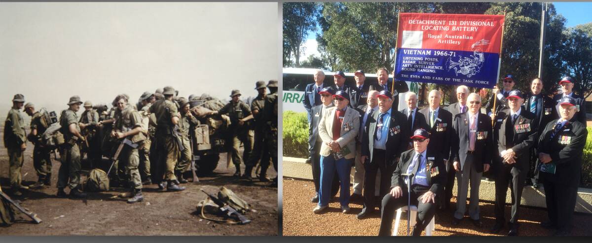 Then and now: The 131 Divisional Locational Battery at Fire Support Station Coral in 1968, Wally Franklin is far left, and then in Canberra at a ceremony to commemorate fifty years since the battle last weekend.