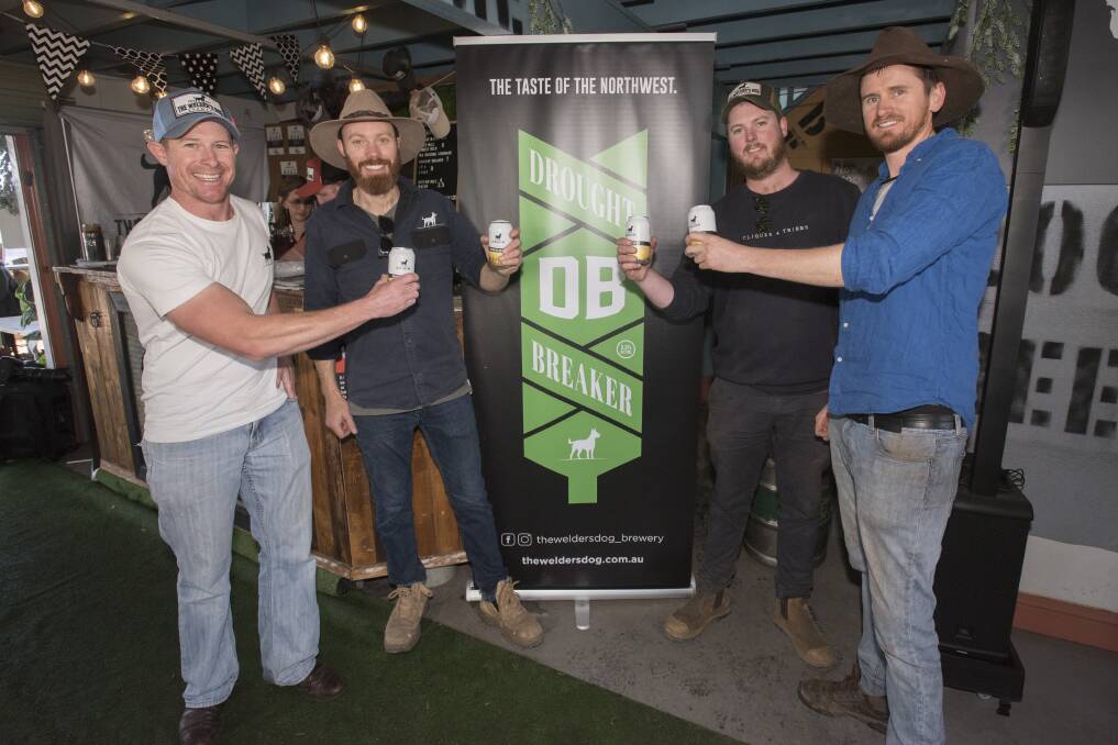 Hair of the dog: Ben Coombes, Tom Croft, Phil Stevens and Dan Emery launched the Welder's Dog Drought Breaker beer at Agquip. Photo: Peter Hardin 210819