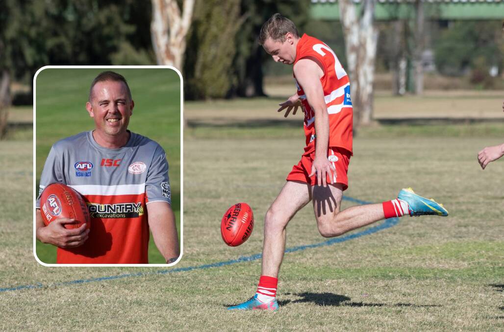 GOING LONG: Tamworth Swans wingman Harrison Hague in action during the 2021 AFL North West season and, inset, coach Paul Kelly.