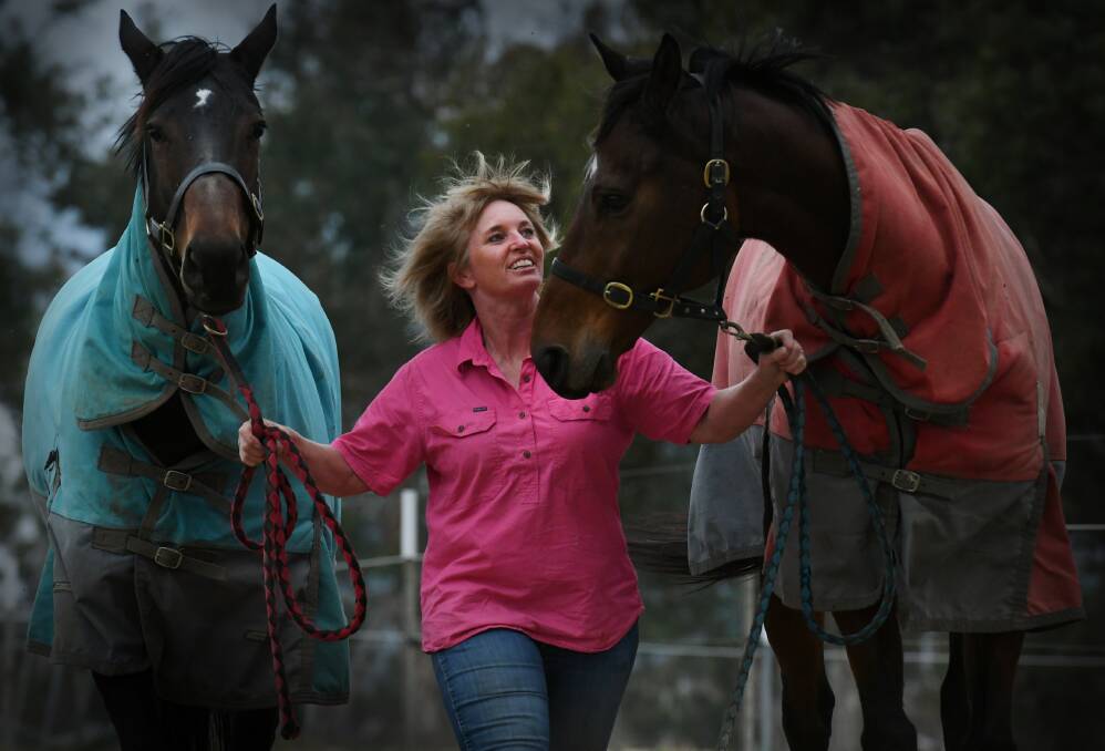 HEAD-TO-HEAD: Jane Clement with Elle's Nel, left, and He's Our Toy Boy at her Bendemeer property. Photo: Gareth Gardner