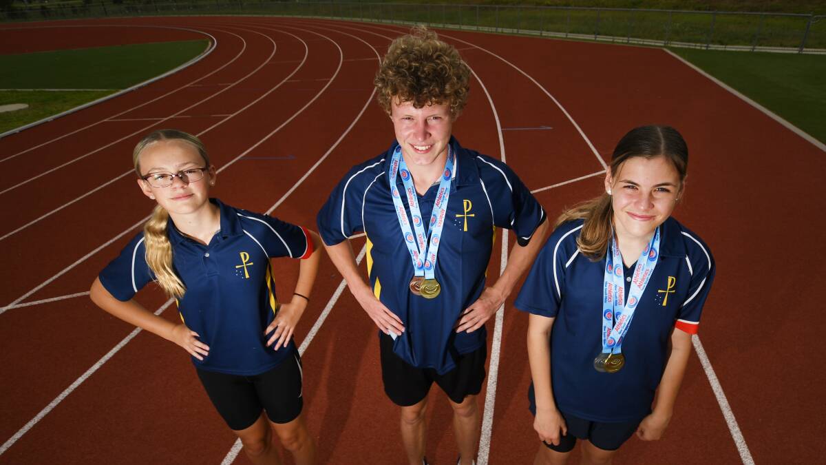 SPEEDSTERS: McCarthy students Lily Heap, Liam Gordon and Isabella Wall competed at the 2021 NSW All-Schools Championships recently. Photo: Gareth Gardner