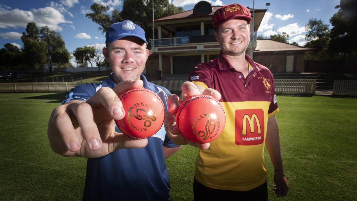 DAY-NIGHTER: South Tamworth's Brock Morley and City United's Andy Baines show off the pink cricket balls for Saturday's game. Photo: Peter Hardin