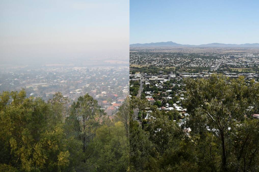 SPOT THE DIFFERENCE: A comparison of yesterday's sky (left) and a clearer day (right) from Oxley Lookout. Photos: Ben Jaffrey and Gareth Gardner