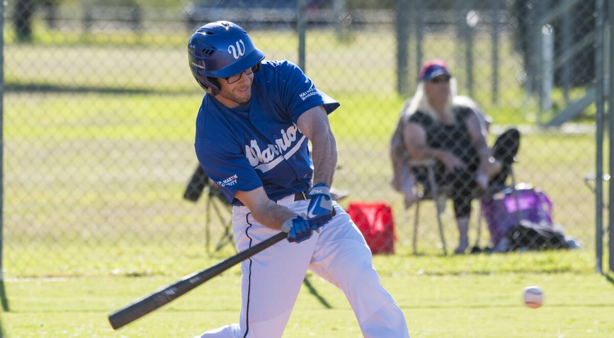 GOING BIG: Jake Forsythe was at his best on the weekend with three hits including a double for the Warriors. Photo: Peter Hardin