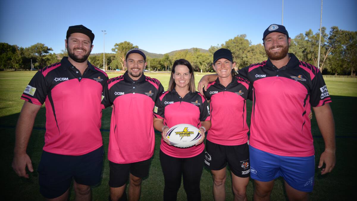 COMMITTED: Luke Halpin, Jermain Walford, Stacy Smith, Steph Halpin and Bryan Warren at the touch fields. Photo: Ben Jaffrey