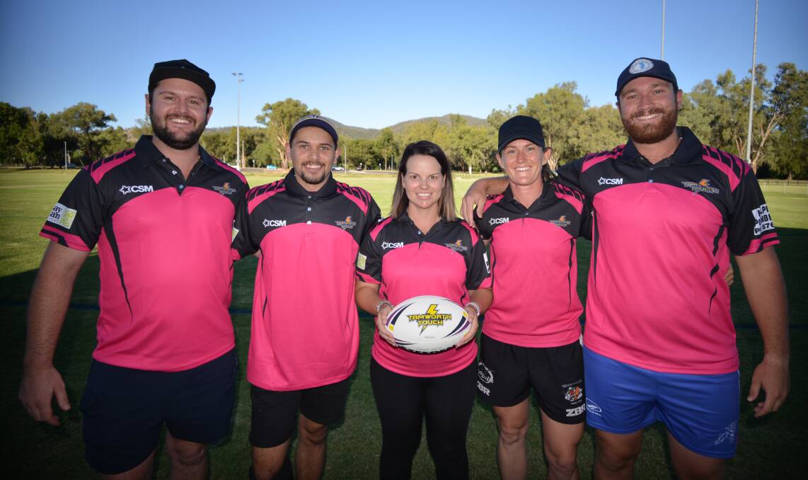 COMMITTED: Luke Halpin, Jermain Walford, Stacy Smith, Steph Halpin and Bryan Warren at the touch fields. Photo: Ben Jaffrey