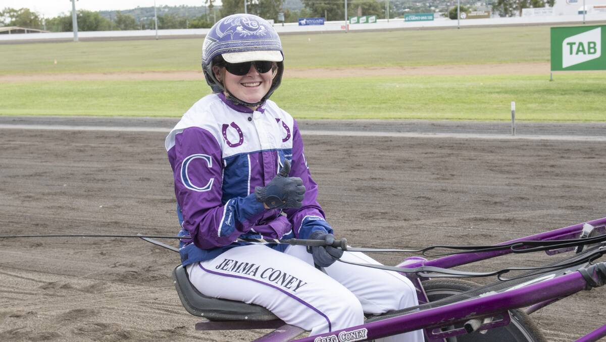 THUMBS UP: Jemma Coney was chuffed to win the Sam Ison Memorial at the Tamworth harness meeting on Wednesday afternoon. Photo: Peter Hardin 170321PHE027