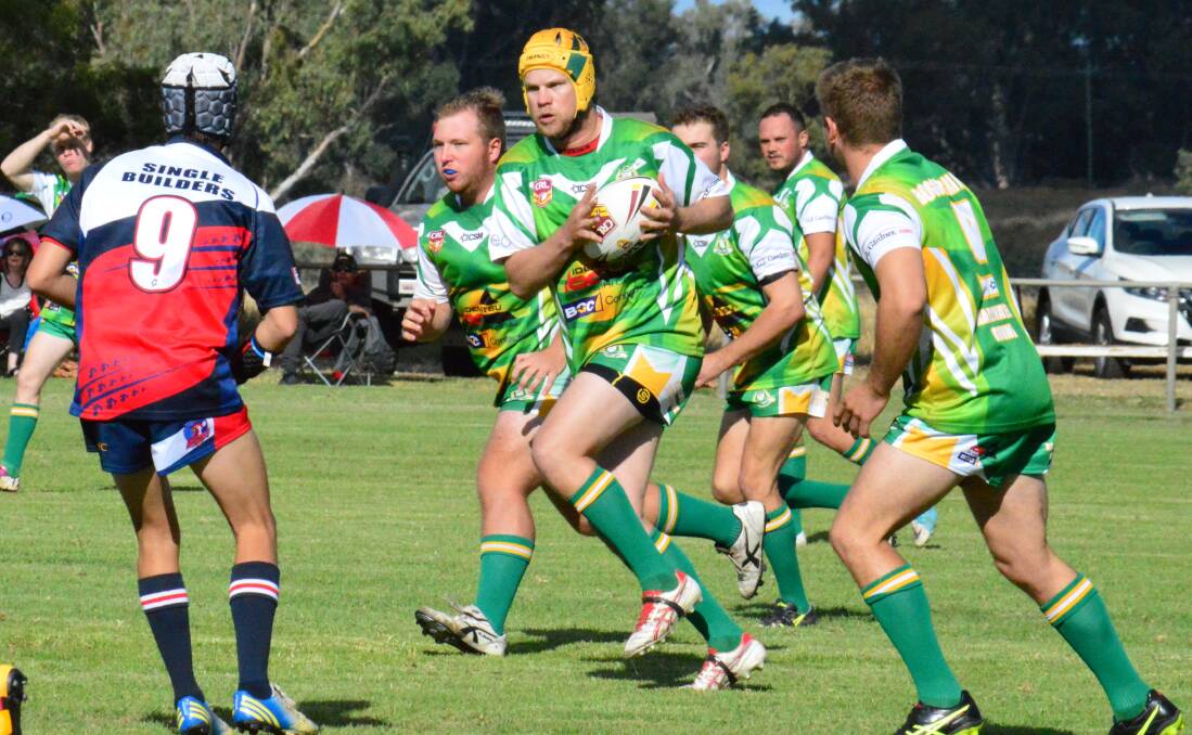 GO-FORWARD: Boggabri prop Jay Urquhart takes the ball up into the Kootingal defence in round one. He will be a key man against Bendemeer on Saturday. Photo: Sue Haire.