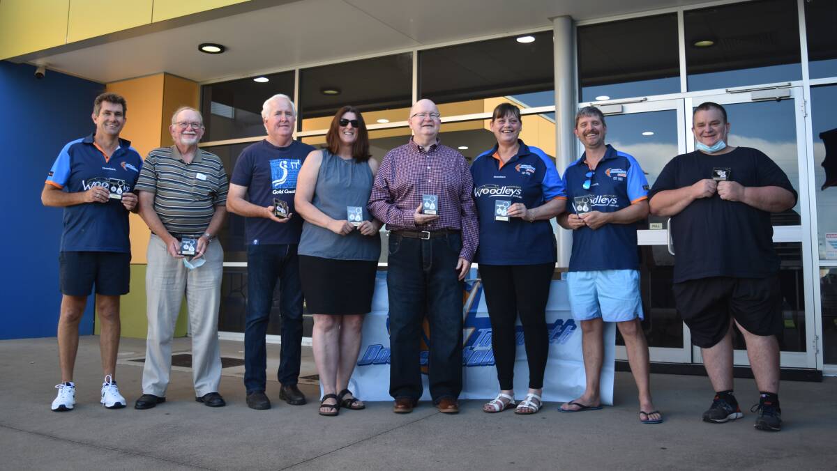 HONOUR: Patrick Hunt, centre, with fellow life members at the Tamworth Sports Dome on Tuesday afternoon. Photo: Ben Jaffrey