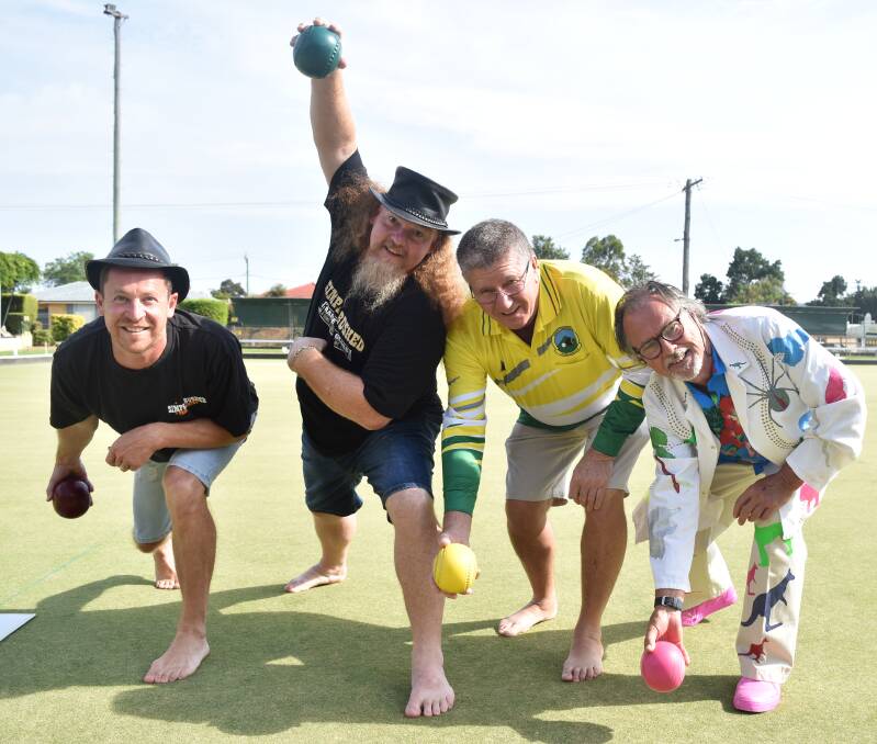 BOWLED OVER: Chris Rieger and Paul Grierson of Simply Bushed with Mayor Col Murray and Dobe Newton of The Bushwackers at the 2018 bowls event. Photo: Ben Jaffrey