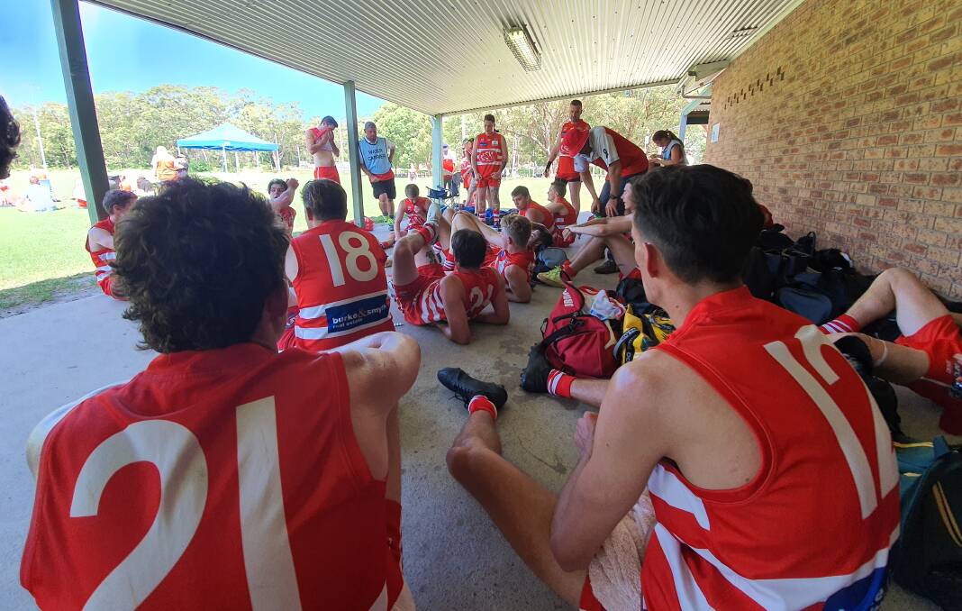 The Tamworth Swans seek shelter from the sun at half-time.