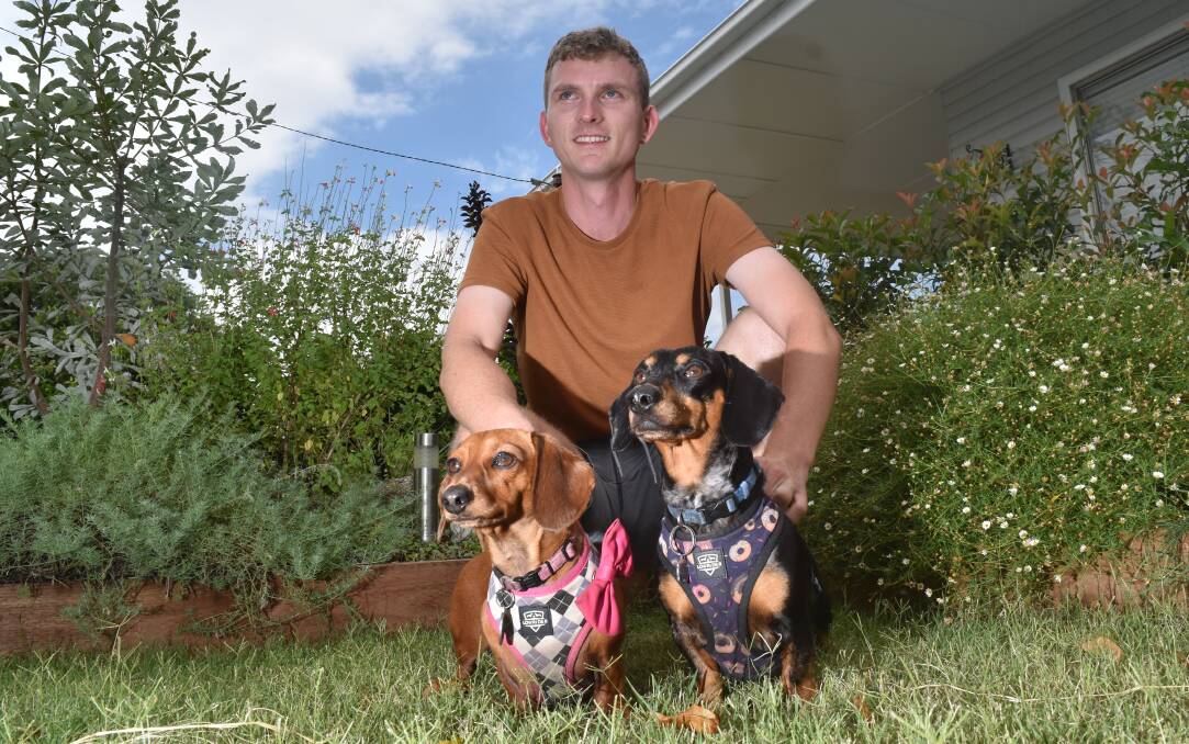 RACE TIME: Scotty Welsh, with Archie and Willow, is excited to bring dachshund racing back to the THRC. Photo: Ben Jaffrey