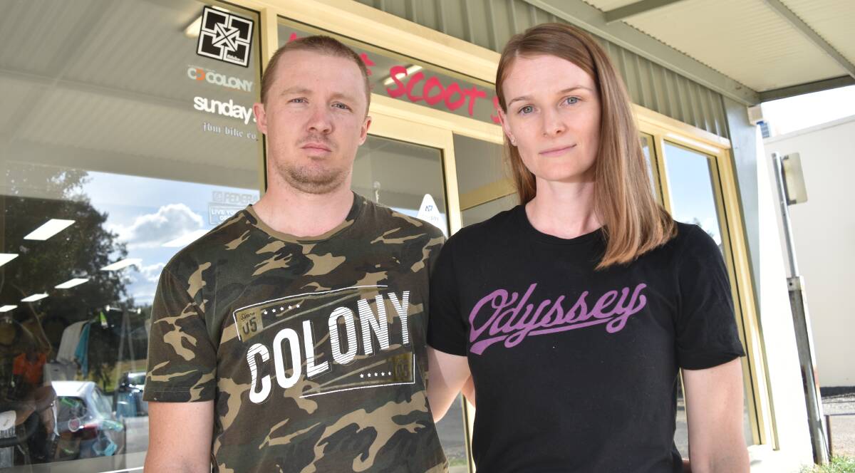 NOT HAPPY: Chantelle and Kris Faulkner after the cleanup at at Bike Scoot Skate on Tuesday. Photo: Ben Jaffrey