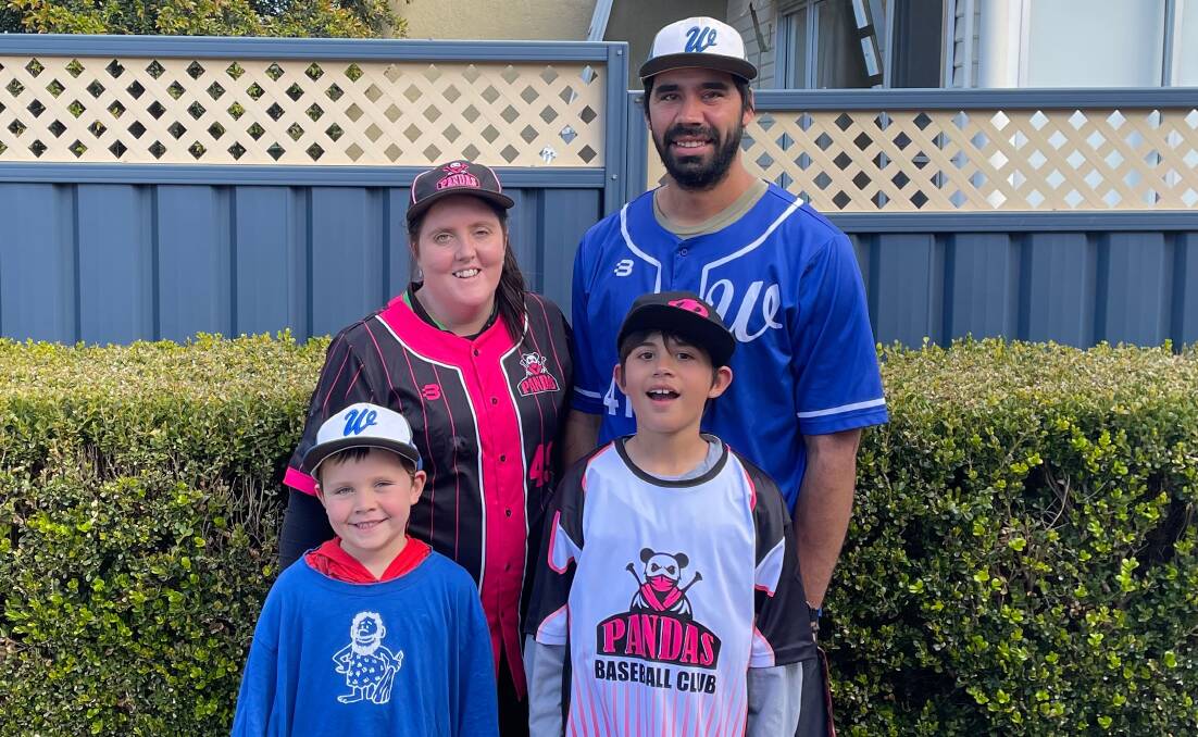 FAMILY: Jess and Valentine Orcher with kids with Drew, 4, and Hunter, 9, in their baseball gear. Photo: Supplied