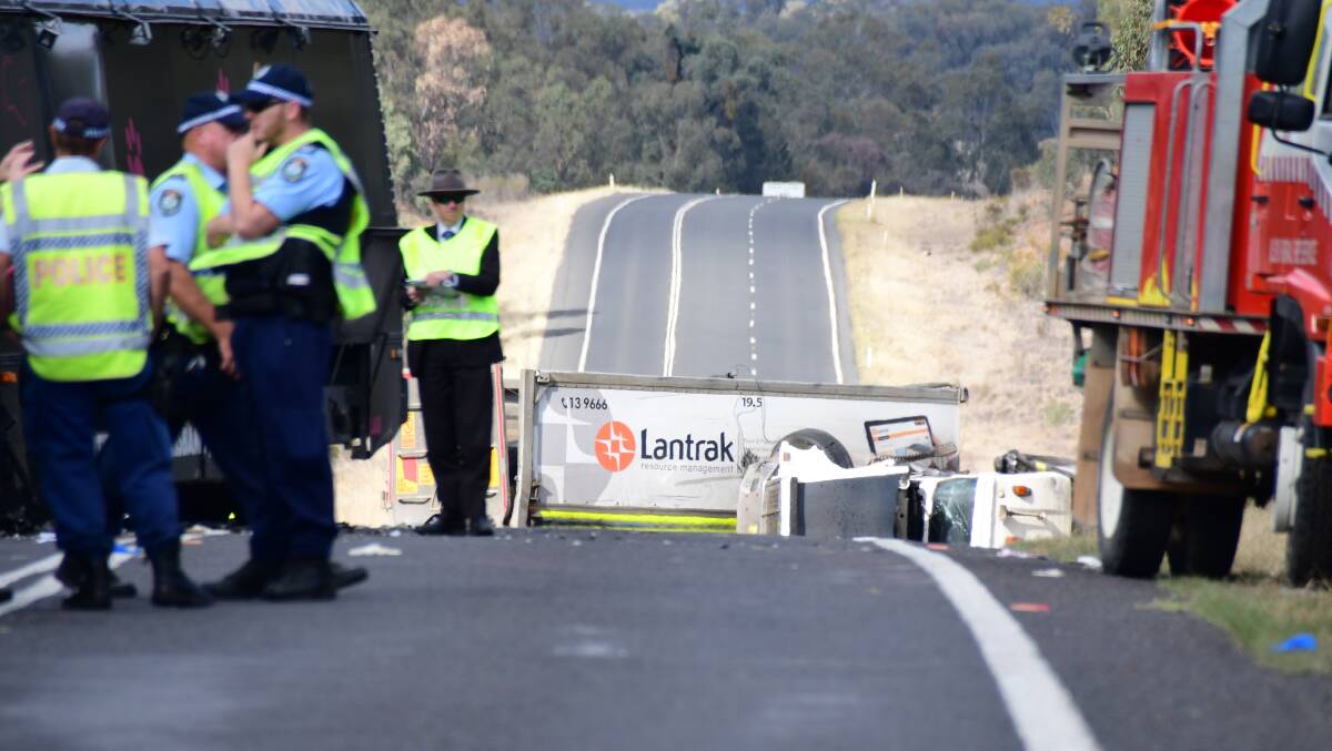 CRASH SCENE: One man is dead following a crash between a truck and a bus on the Newell Highway. Photo: BELINDA SOOLE