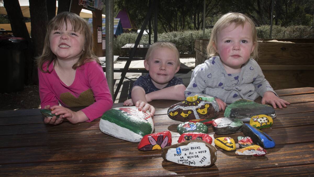 CRAFTY: Sophie, 3, Joshua, 5, and Ava, 1, Wilton love painting rocks to leave around Tamworth for others to find. Photo: Peter Hardin 310819PHB007