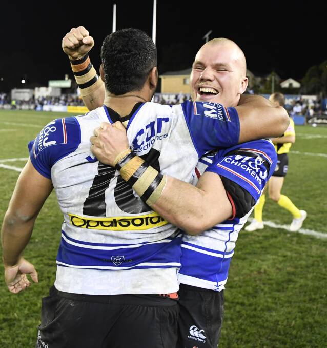 STIRRING FLASHBACK: Andy Saunders after his sole NRL game - a win for the Bulldogs over the Knights in 2017. Photo: NRL