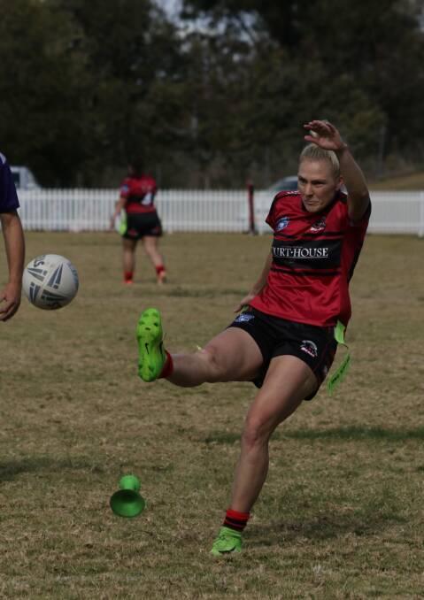 Kim Resch boots a goal for North Tamworth on the weekend. Photo: Judy McManus