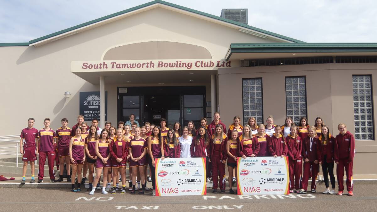 GAMES: The basketball, netball, golf and triathlon squads (the hockey had left earlier in the day) at the South Tamworth Bowling Club. Photo: Supplied